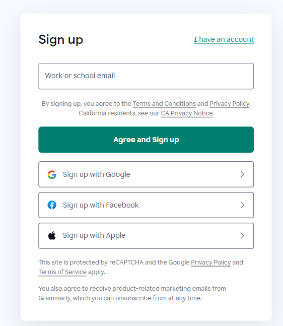 Grammarly Sign Up Page