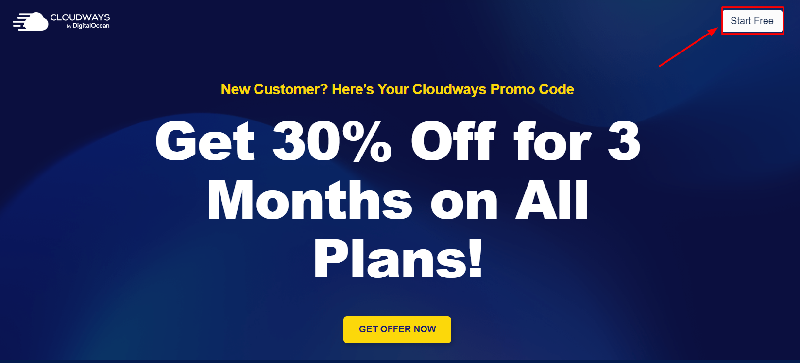 Cloudways Promo Page & Click Start Free Button